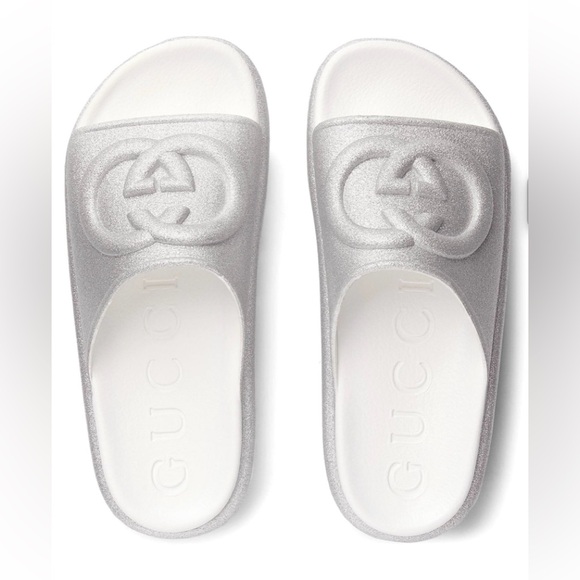 NWT! GUCCI silver glitter interlocking GG logo platform slide - 6 - Picture 2 of 13